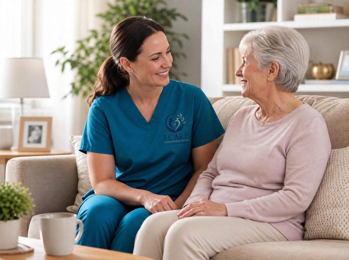 An ICCS Personal Support Worker in a branded teal uniform sits with a smiling senior woman in her home