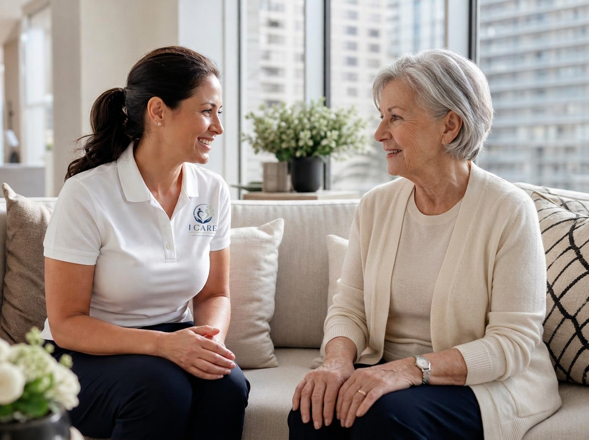 An ICCS support worker in a branded white ICCS polo sits with a smiling senior woman in her bright home